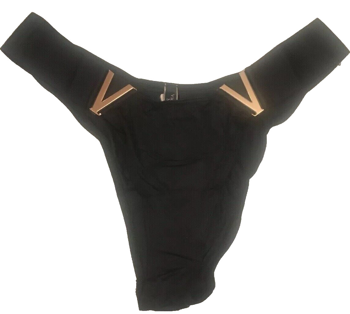 Victoria’s Secret Very Sexy Black Gold “V” Luxe Brazilian Panty Size L Silky NWT