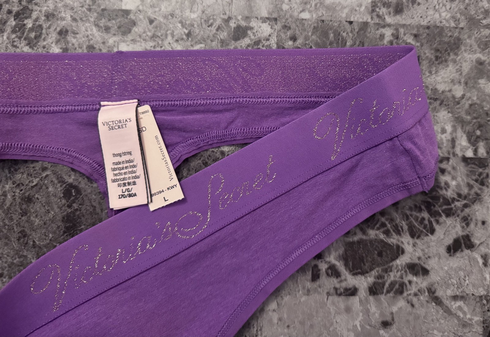 NWT VICTORIA’S SECRET L PURPLE THICK SILVER LOGO WAISTBAND RARE THONG PANTIES