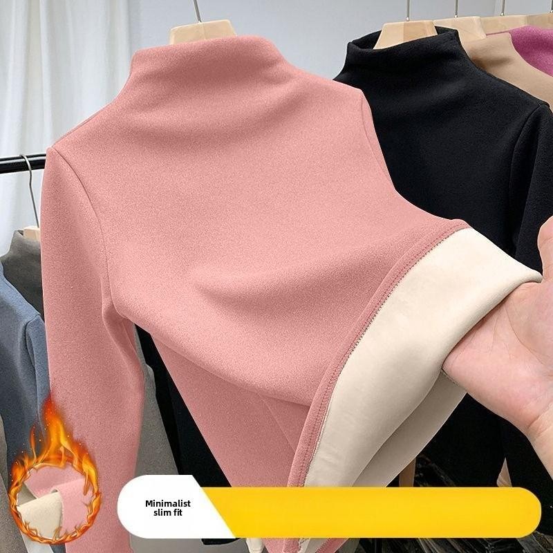 WomenThermalUnderwearWinterHalfHighCollarTopBottomShirtSolidWarmLayerSemiHigh