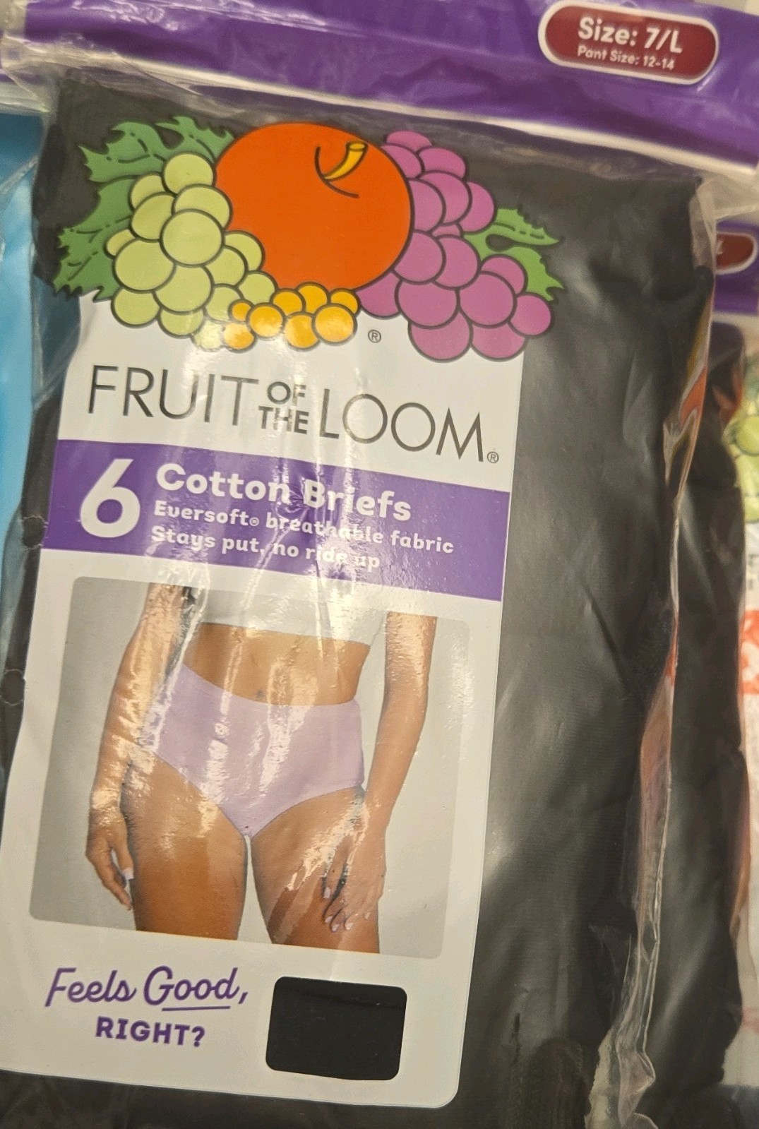 NEW Fruit Of The Loom 6 Pk Women’s Black Cotton Briefs Size 7/L Pant Size 12-14