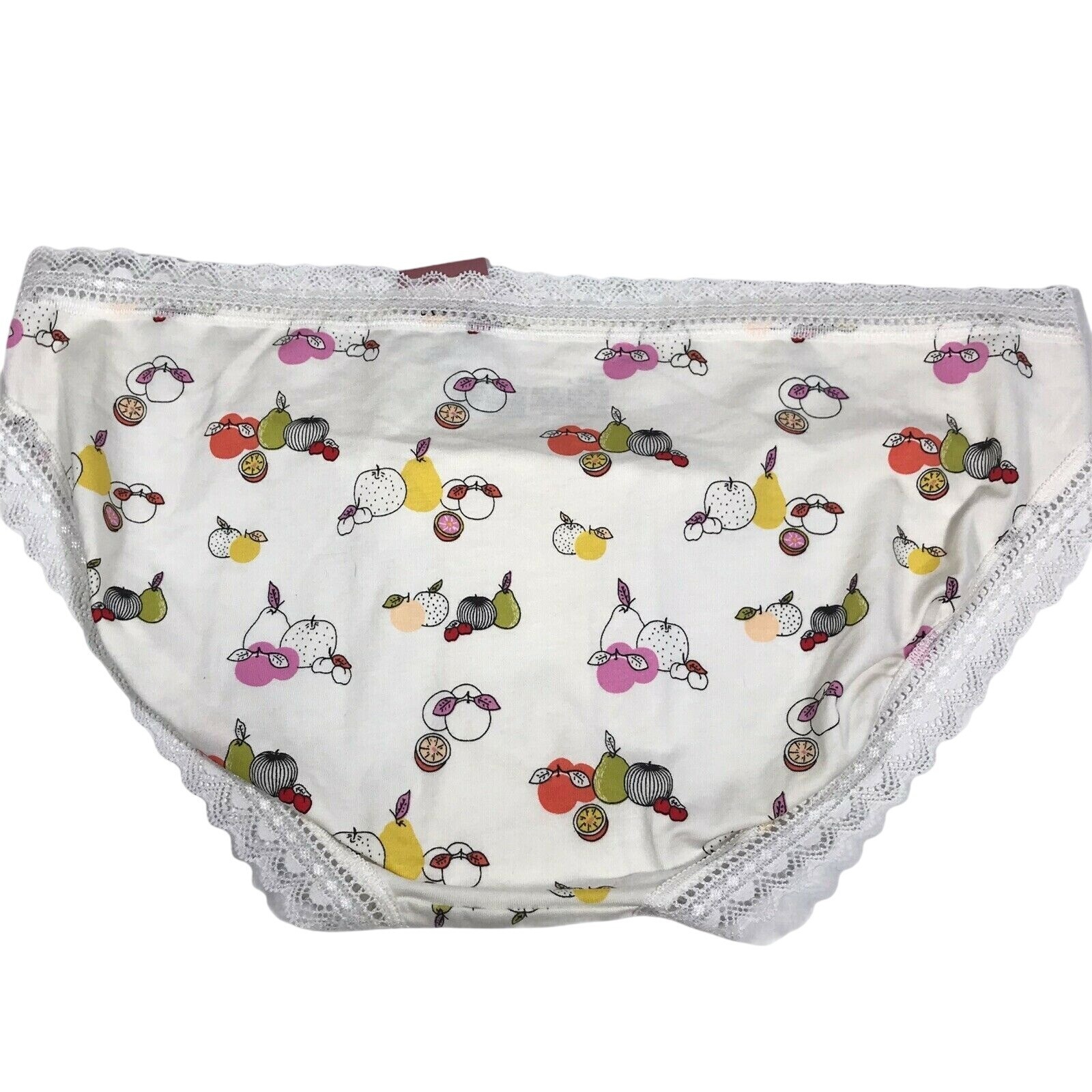 Auden Womens Size Large 12-14 Bikini Panty Lace Trim Cream Fruit Print New