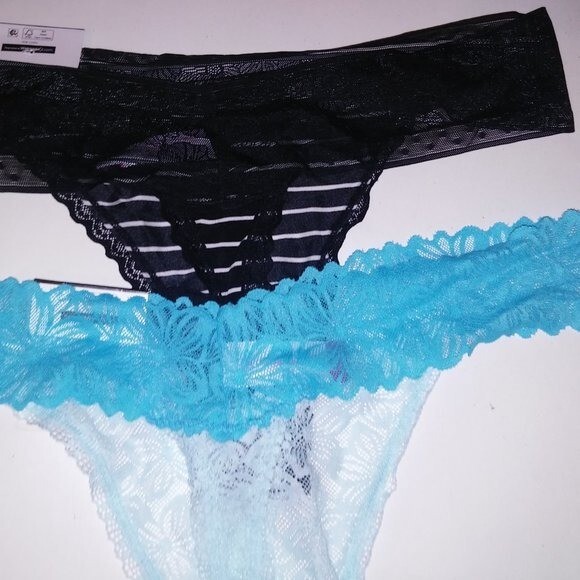 Set of 2 No Boundaries Panty XL 15-17 Thong Black White Stripe Blue Lace Trim Ne
