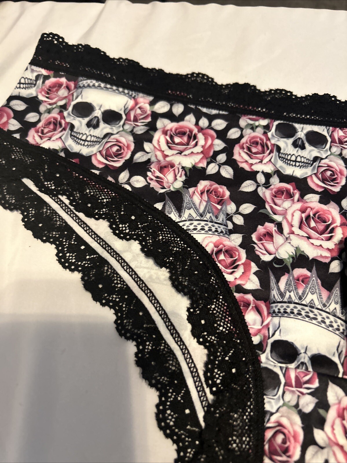 Morvia 3pk lace trim goth Emo Punk panties L floral Crown skull Lingerie Set