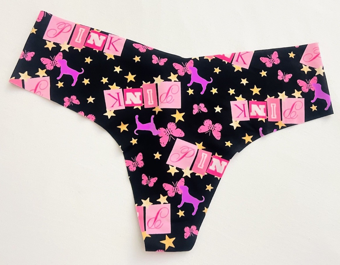 Victoria’s Secret PINK No Show Thong Panty Black Pink Dog Stars Butterflies M