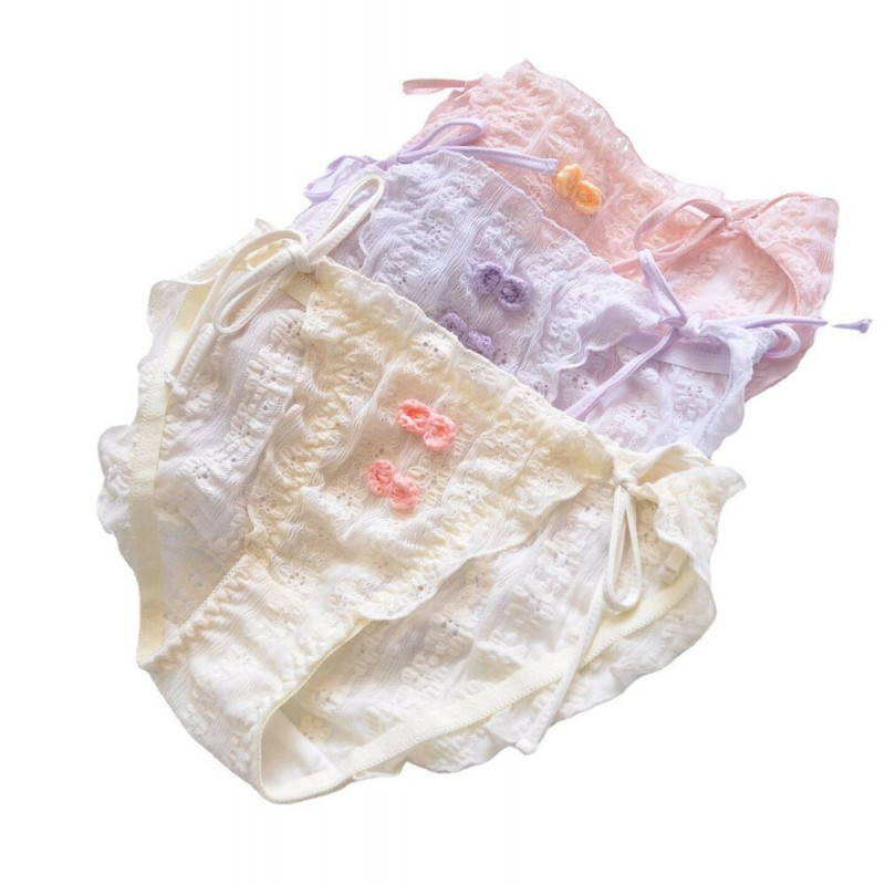 3pcs Womens Panties Ruffle Frilly Panties Bow Deco Straps Side Tie Panty Korean