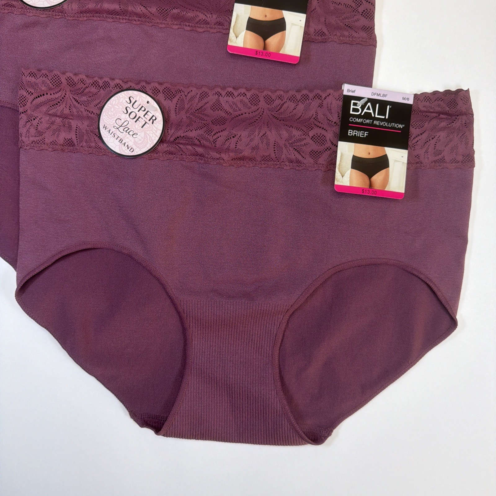 Bali Comfort Revolution Soft Lace Waistband 2 PK Brief Panties DFMLBF Mauve M/6