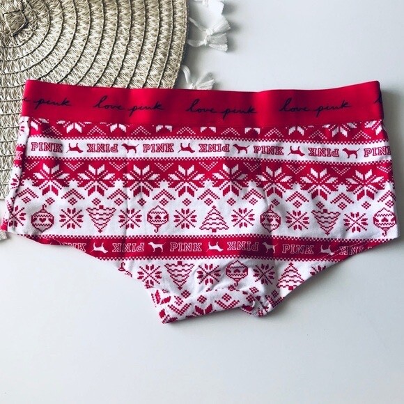 Victoria’s Secret PINK Logo Script Boyshort Panty Red Fairisle Small NEW
