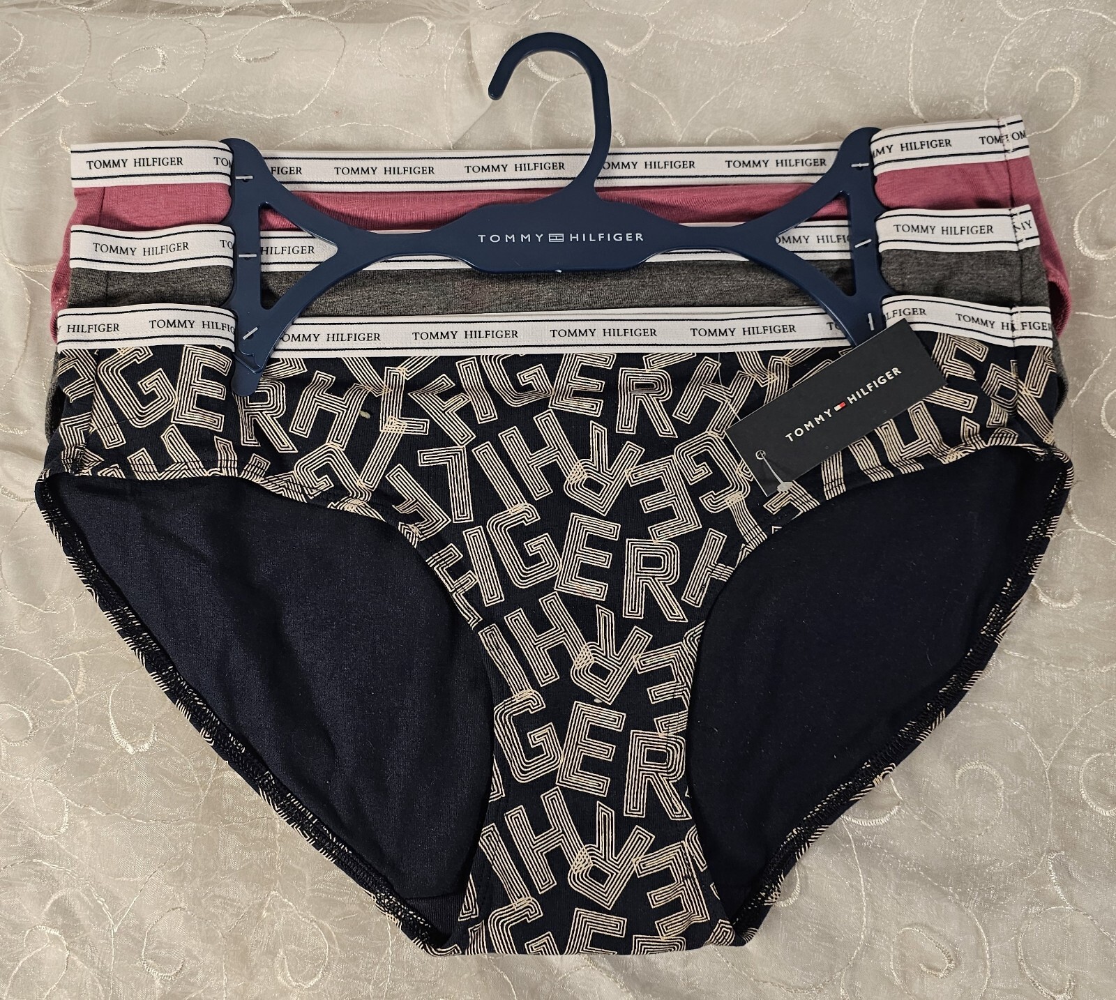 Tommy Hilfiger 3 Pk Cotton Stretch Bikini XL Rose, Gray & Navy w/HILFIGER Print