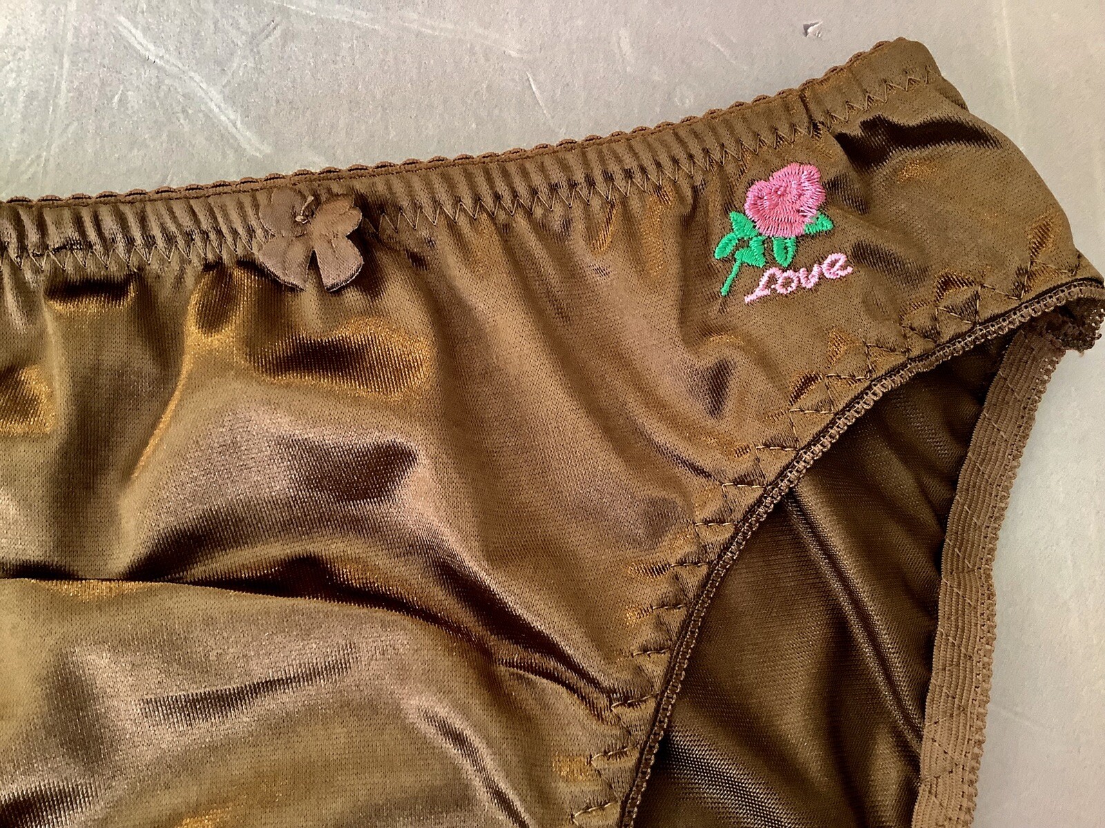 Women Panties Bikinis ANN DIANE Size L. Brown Shiny Satin Soft W/decoration