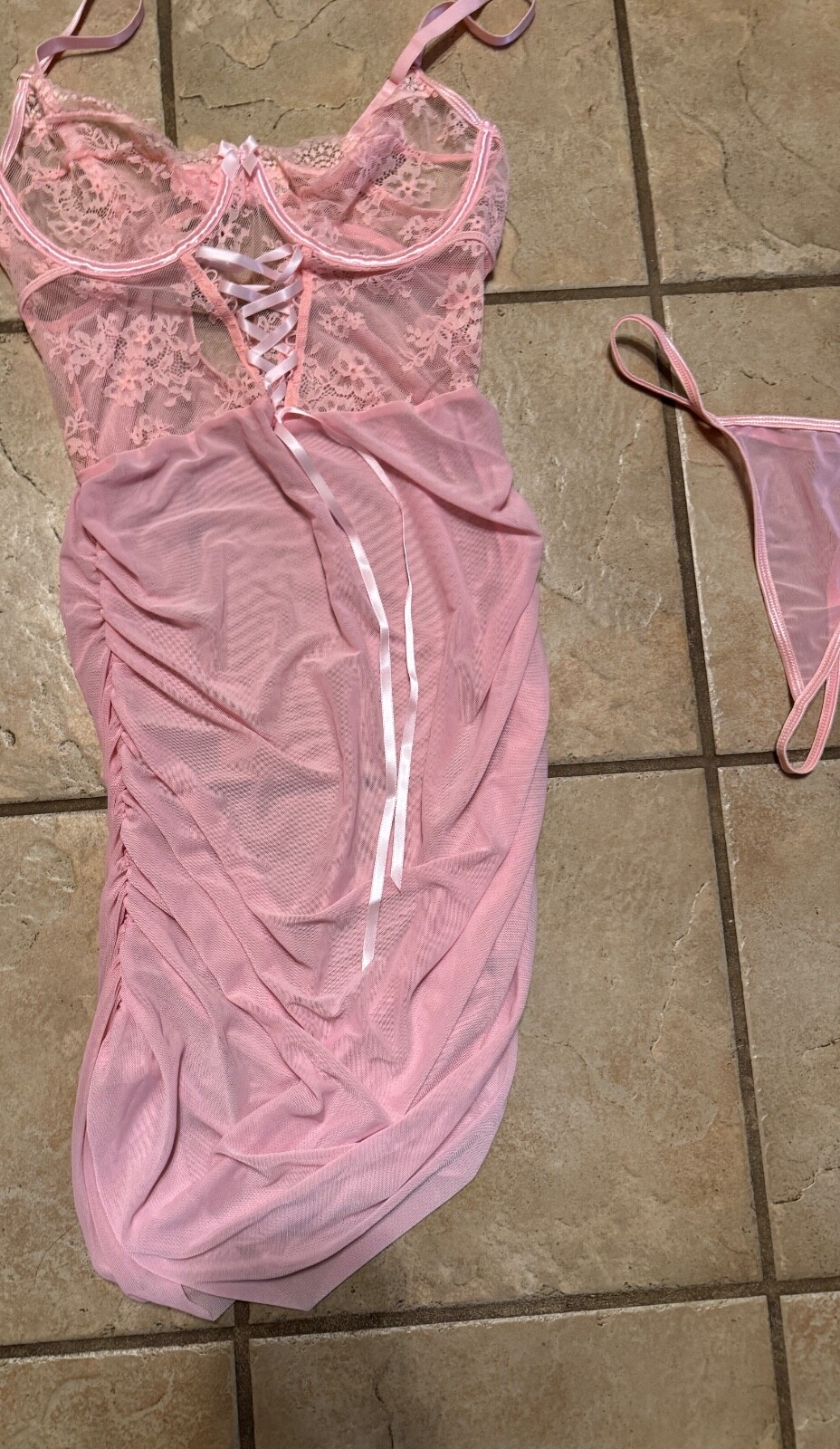 Shein Women’s Large Intimates 2 Piece Set Runched Dress + Thong Pink Sheer