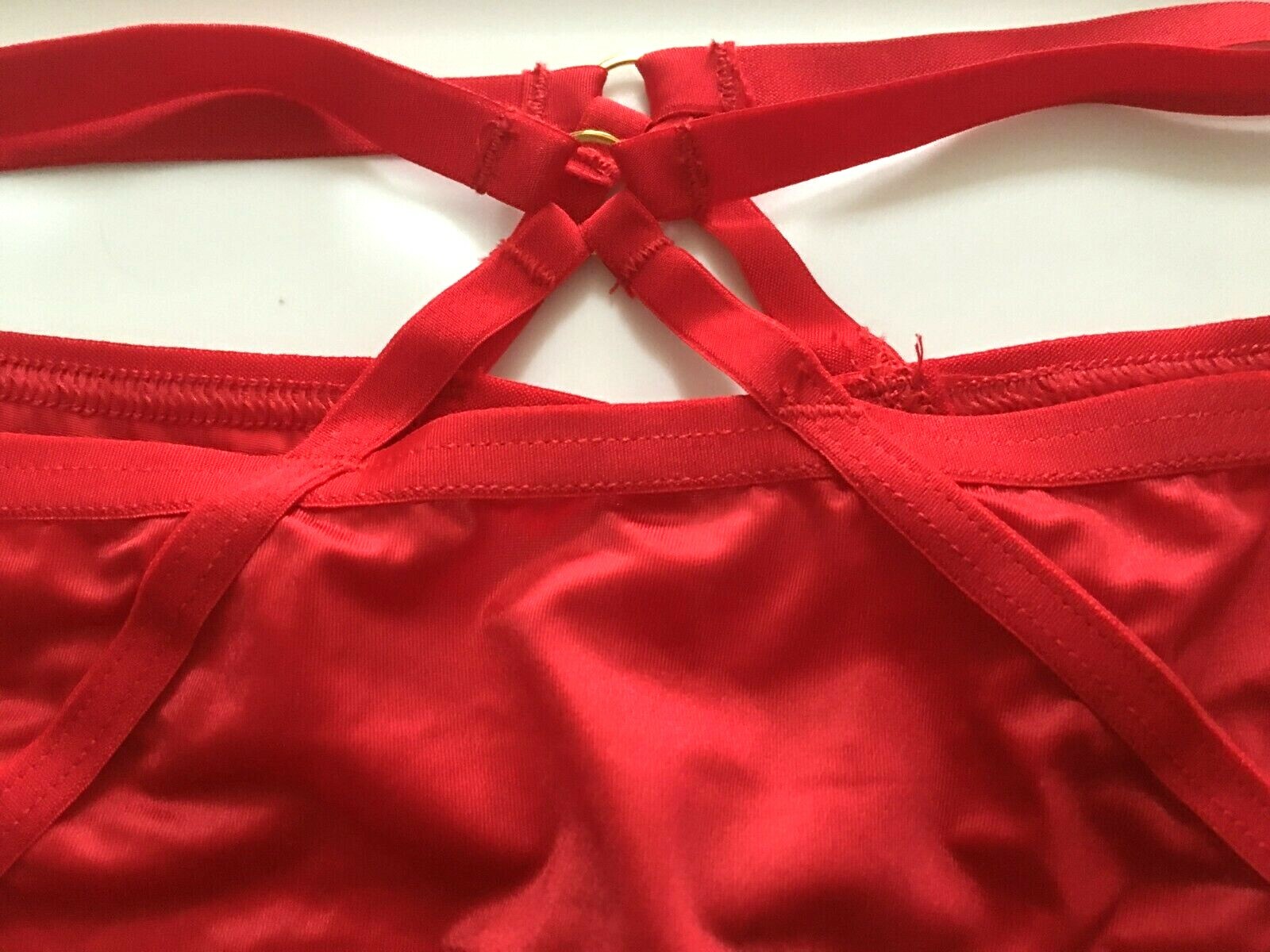 Victorias Secret Sexy Red Silky Strappy Cut-Outs Thong Panties M Metal Accents
