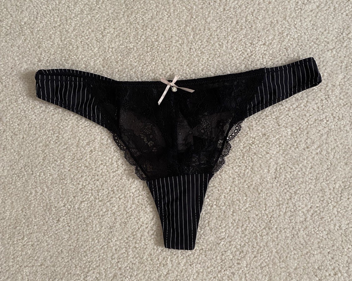 VTG Marie Meili ~ Black Pinstripe Lace String Thong Sexy Panty Crystal Accent L