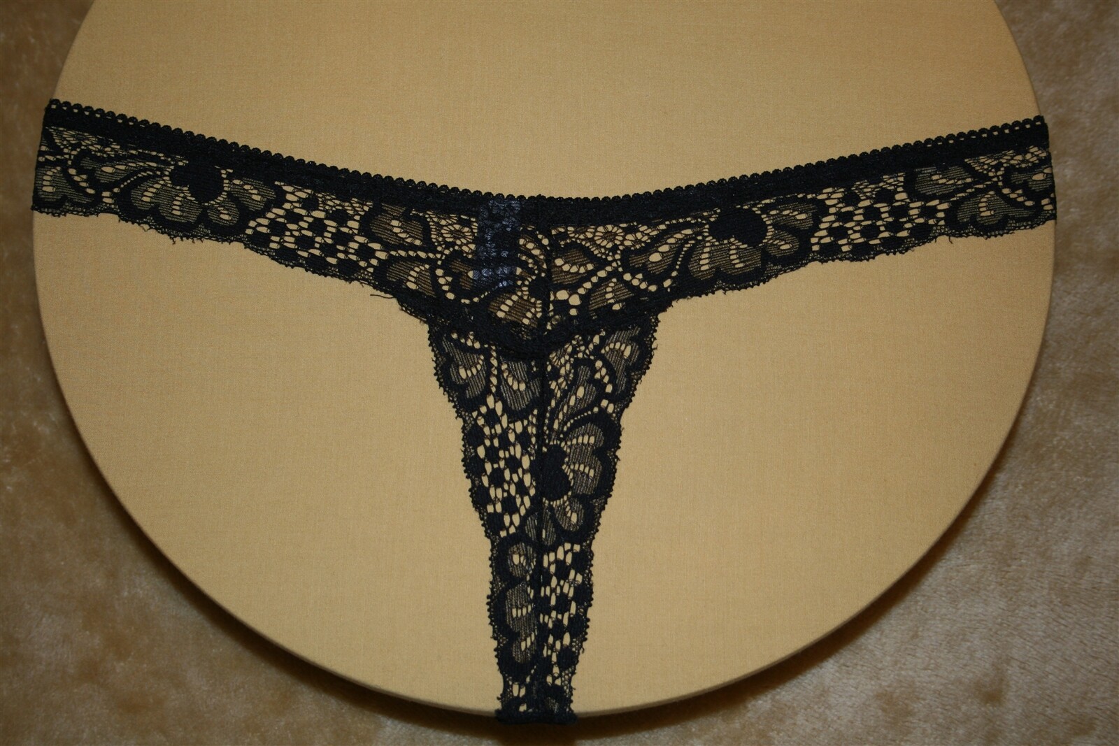 Black Thong with Lace Flowers, Designs, Tiny Polka Dots on Front – No Size