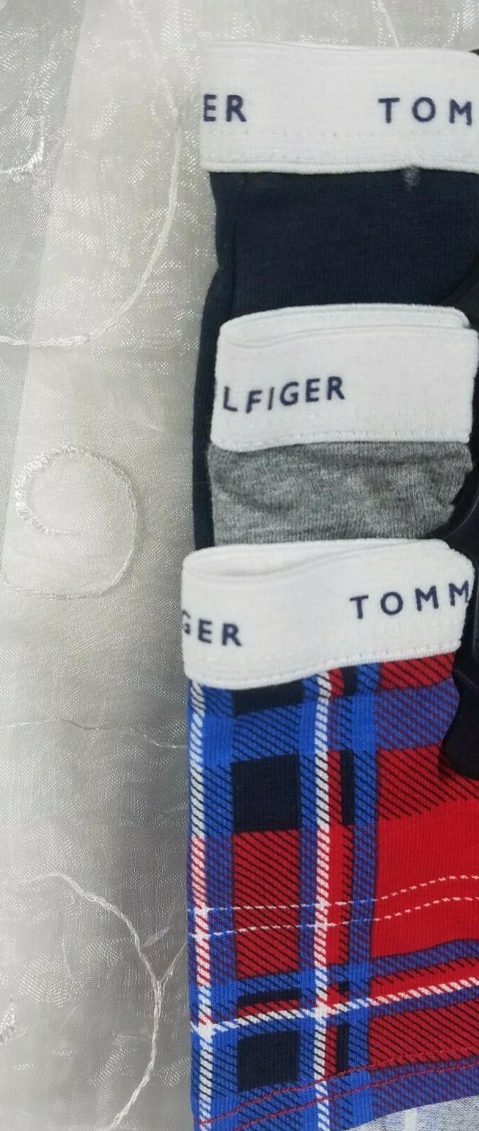 Tommy Hilfiger 3Pk Hipsters Cotton Stretch M Red Blue Plaid & Solid Gray, Navy
