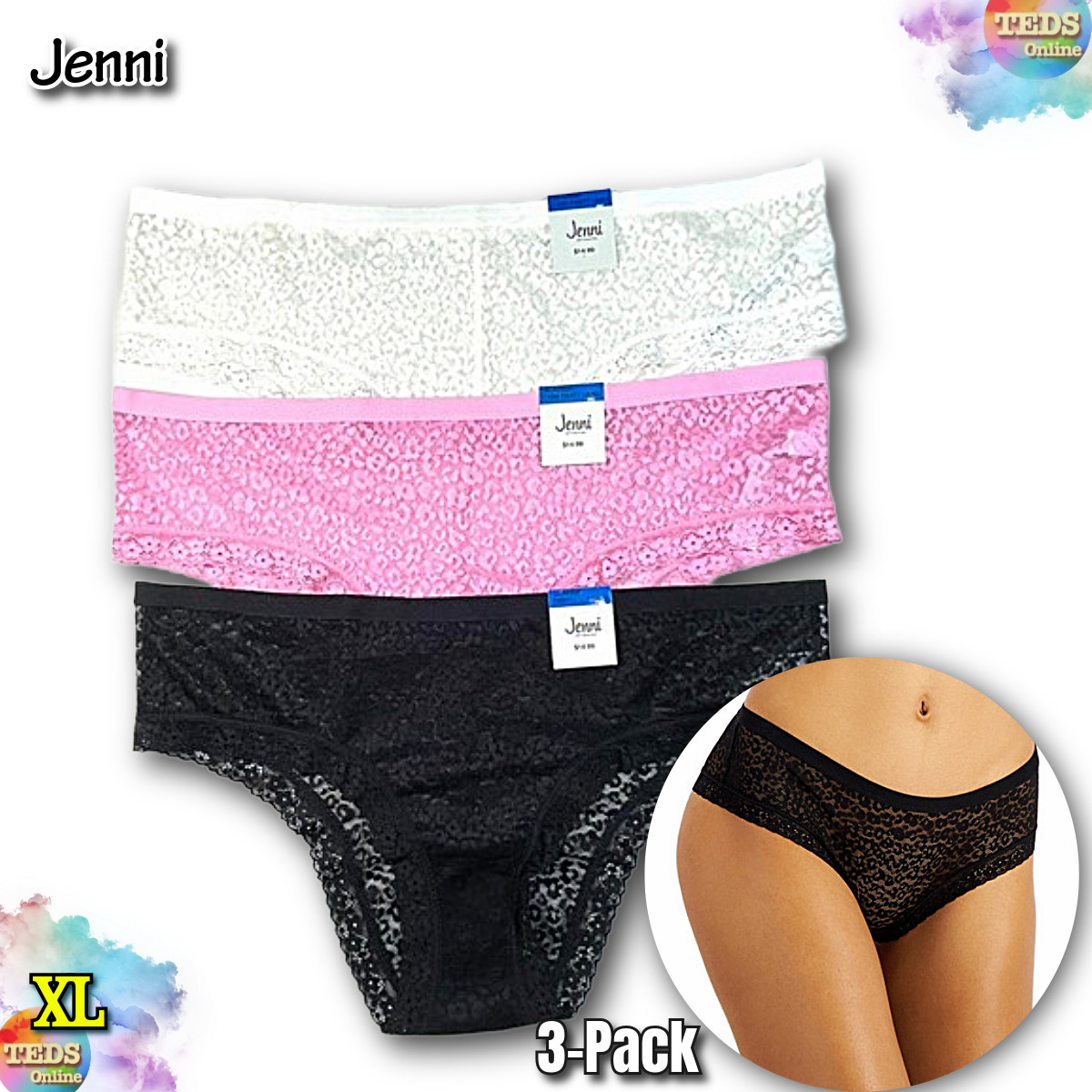 NWT 3-Pack Jenni Woman’s XL Leopard Lace Hipster Underwear, black, White, Pink