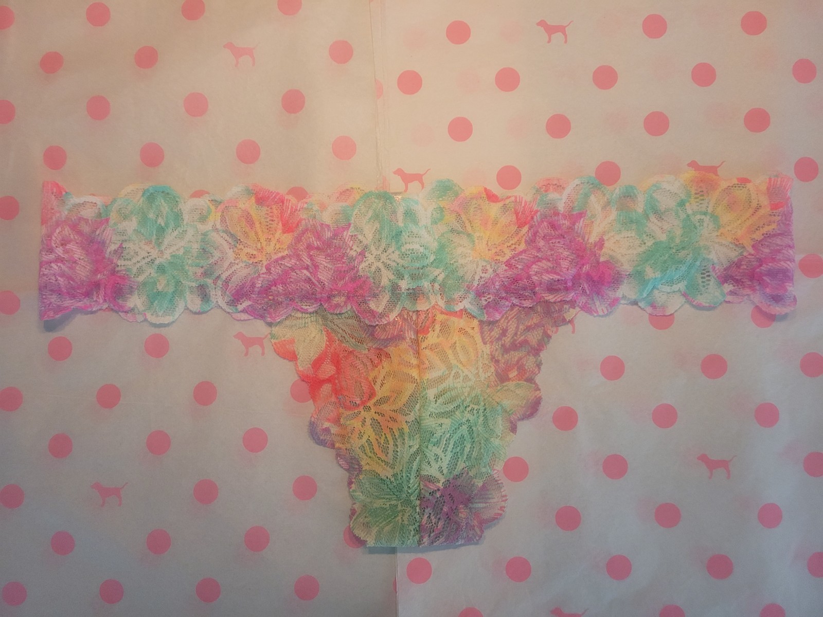 NWT Victoria’s Secret PINK ALL Over Lace Thong Panty – Neon Multi Floral – M