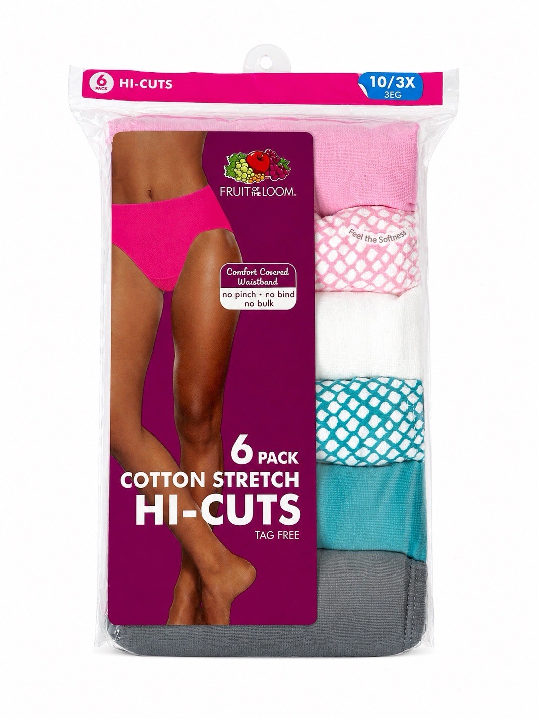 Fruit of the Loom Hi-Cut Panties 6 Pack Women’s Size 10 3XL Pink Blue Assorted