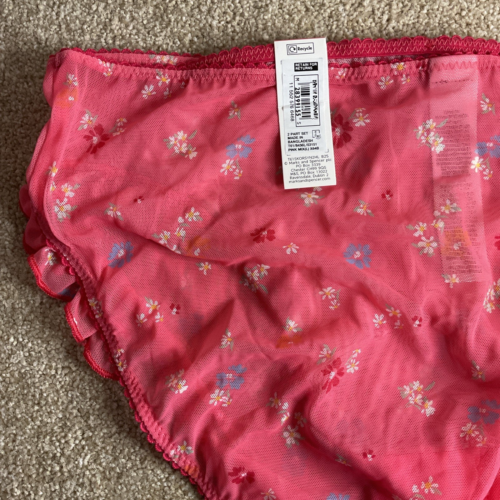 M&S 2 PACK Size L 16-18 Ladies Pretty High Leg Knickers Pink Floral Mesh Large