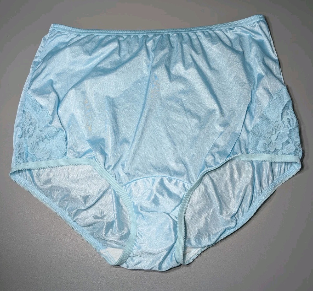 Retro VTG Vanity Fair Granny Panties Blue Satiny Nylon Lace Accent Size 7 Large