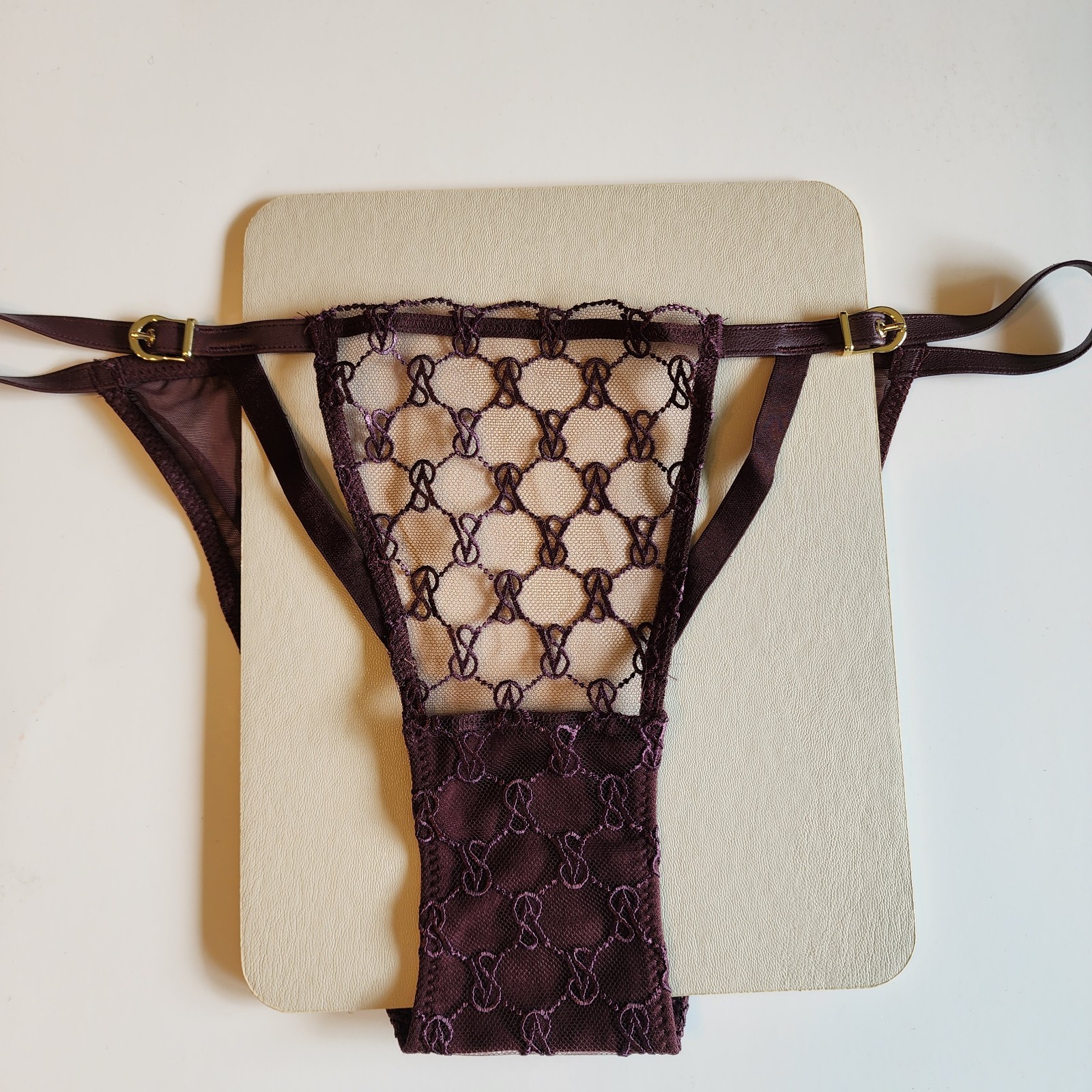 Victoria’s Secret String Bikini NWT Embroidered Logo Burgundy Lace Mesh Size S