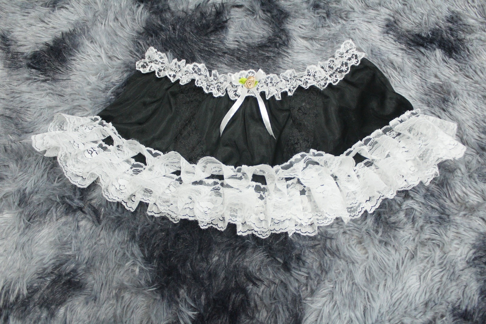 #A329 2XL/ElasticW.24-42″ Vintage Style 2PCS Black Nylon Half Slip + White Brief