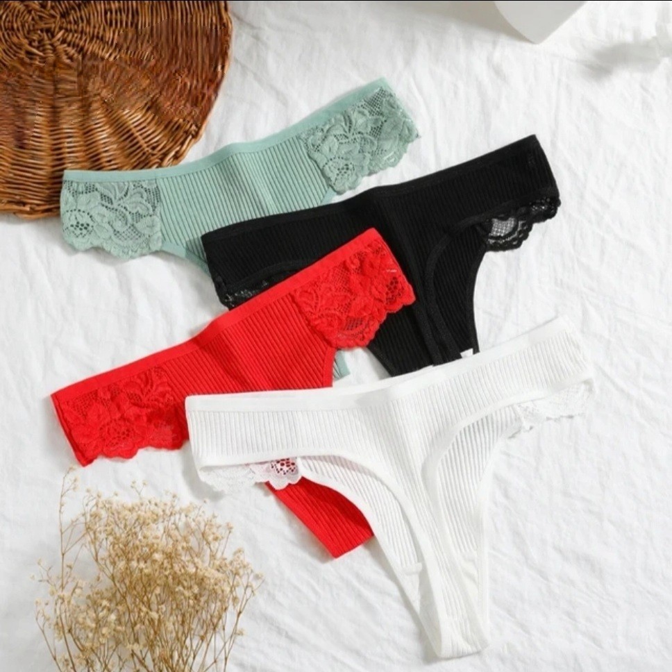 Women’s Lace Cotton Thong Underwear. Low-rise V-shaped With Lace Trim