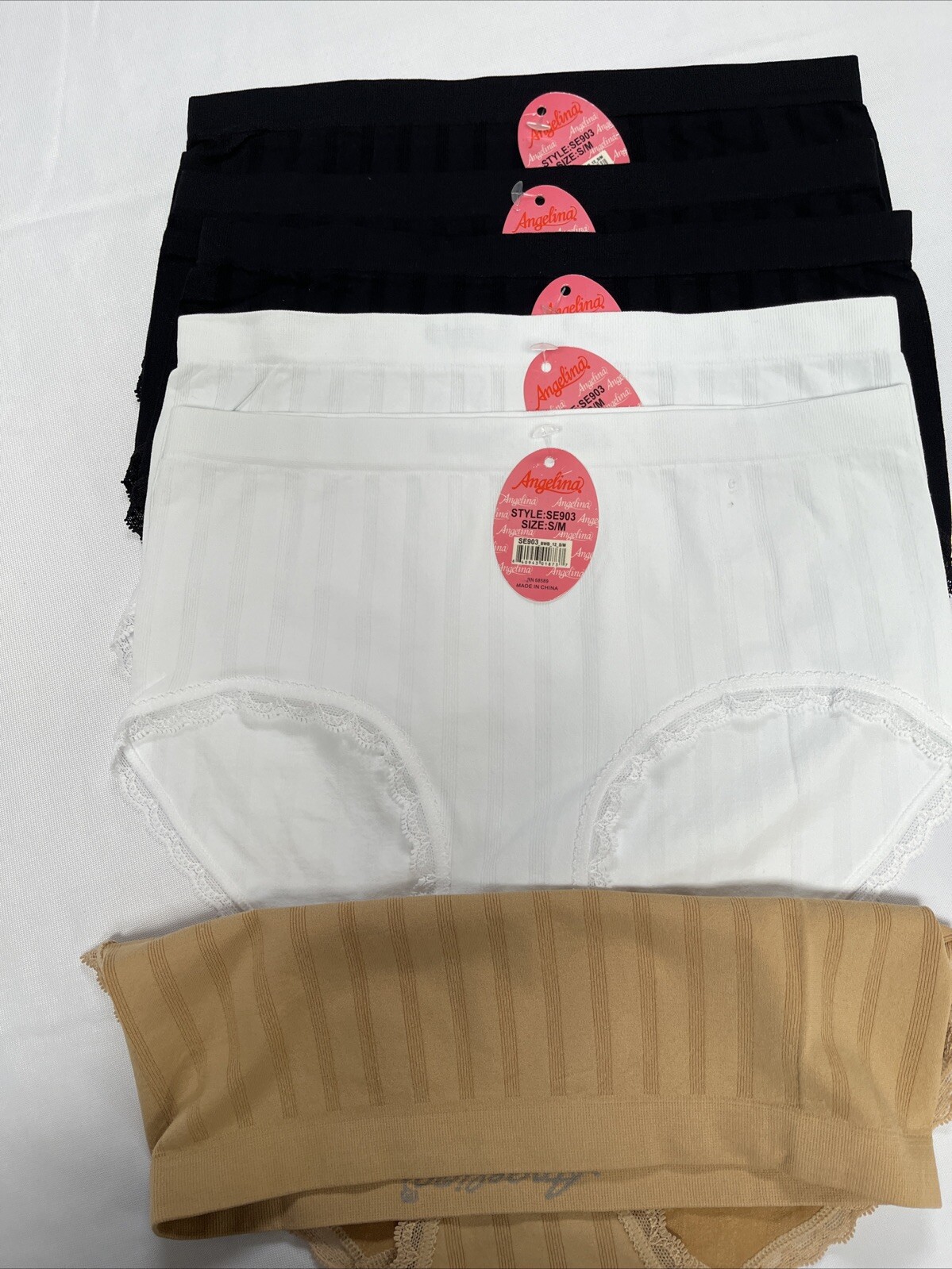 Angelina Seamless Hiphugger Panties Small/Medium 6 pair White Nude Black Lace