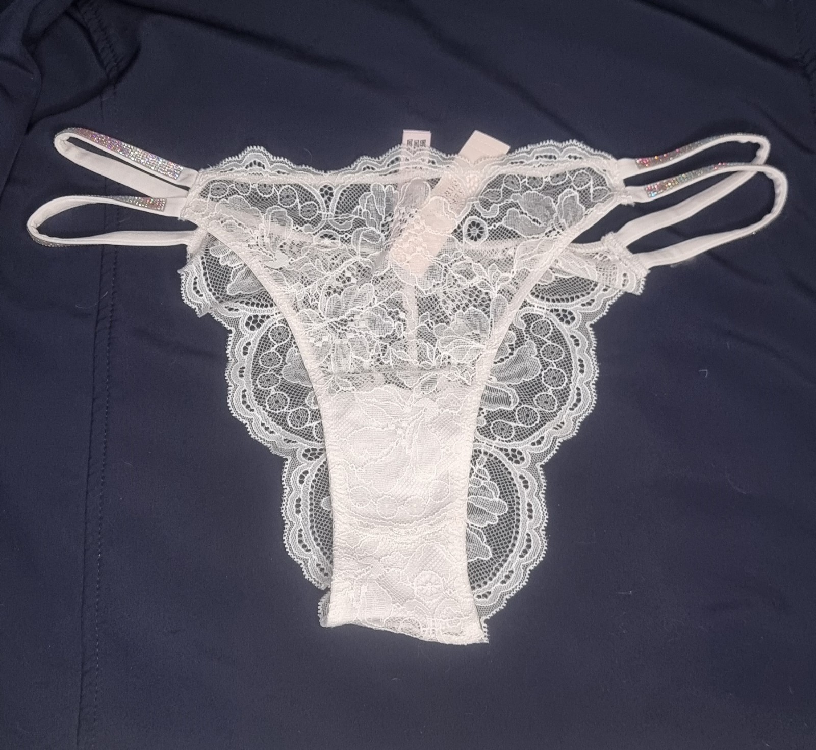 Victoria’s Secret Double Shine Crystal Lace Very Sexy Brazilian/Slip White Sz M