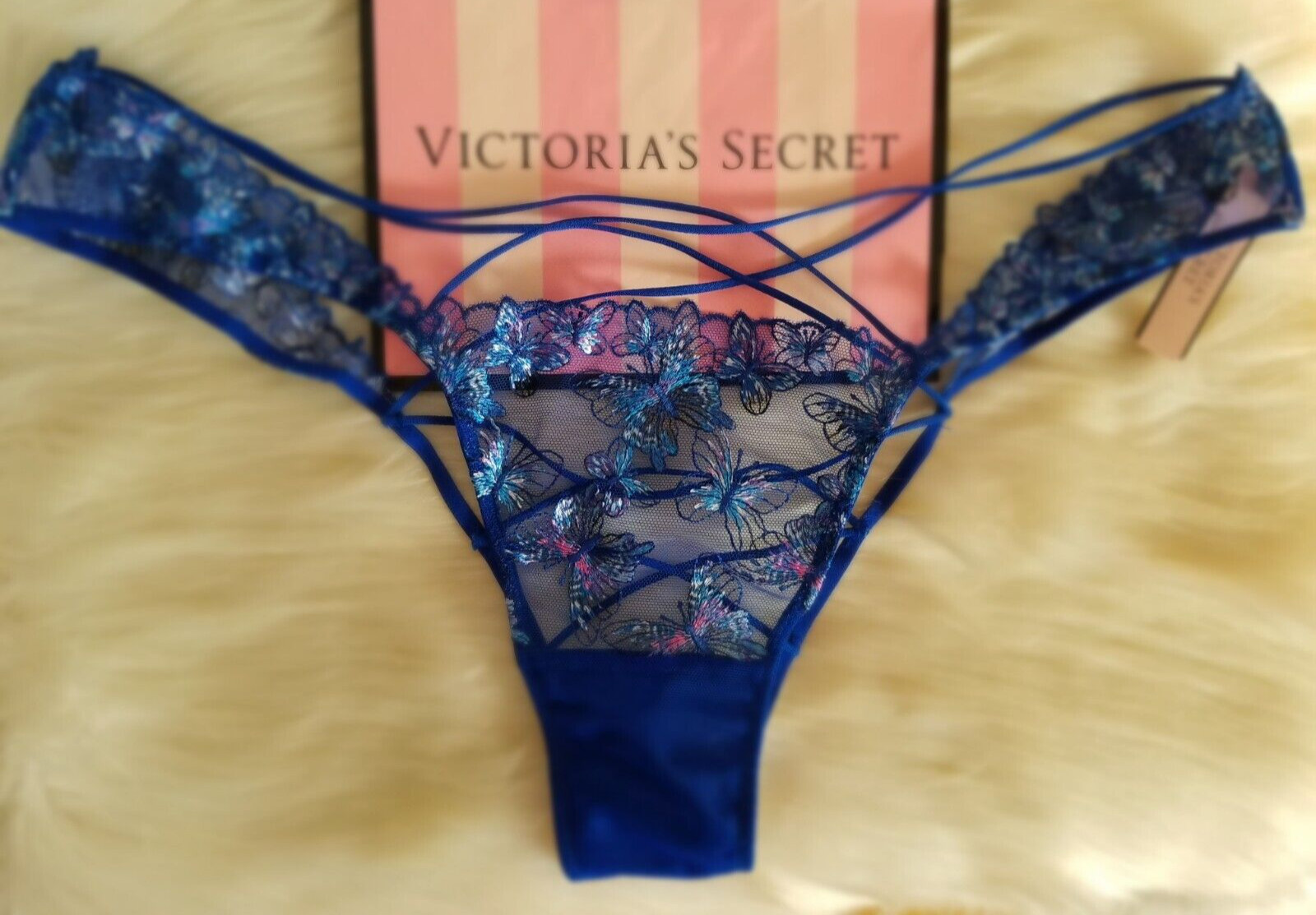 VICTORIA’S SECRET VERY SEXY BUTTERFLY EMBROIDERY OPEN BACK PANTY LARGE BLUE NWT