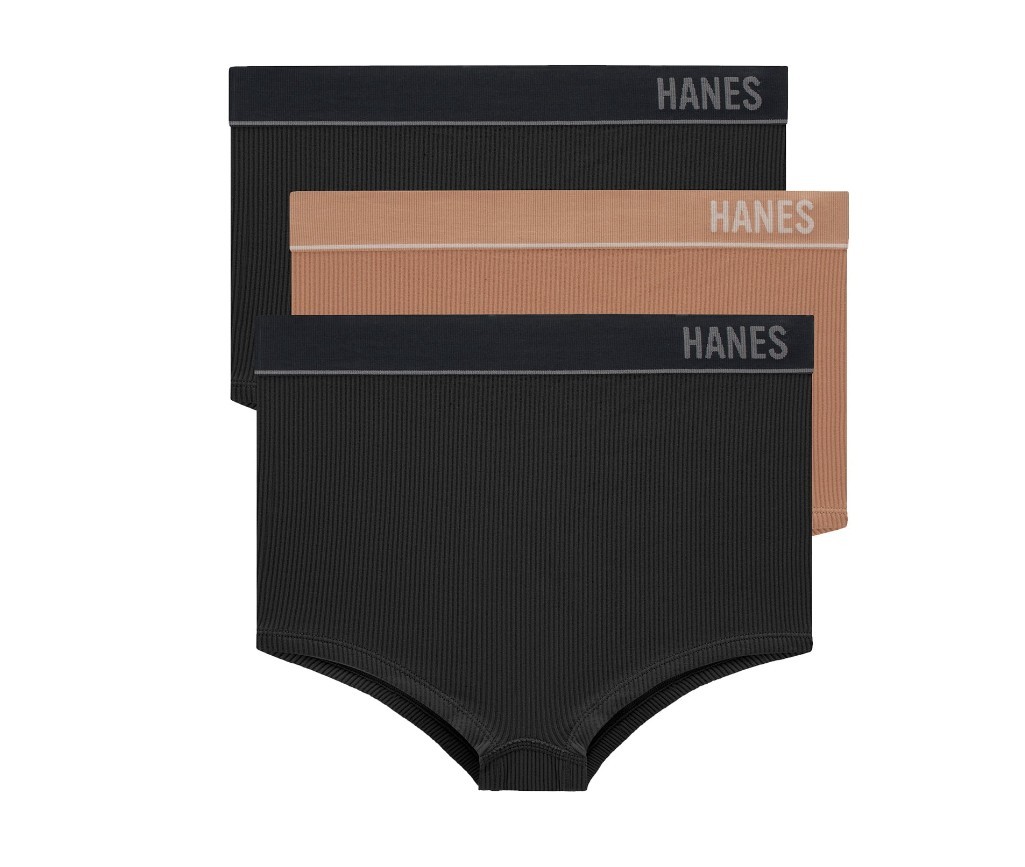 Hanes Women’s Boyshort Panties Ribbed Solid 3-Pack M Black Beige