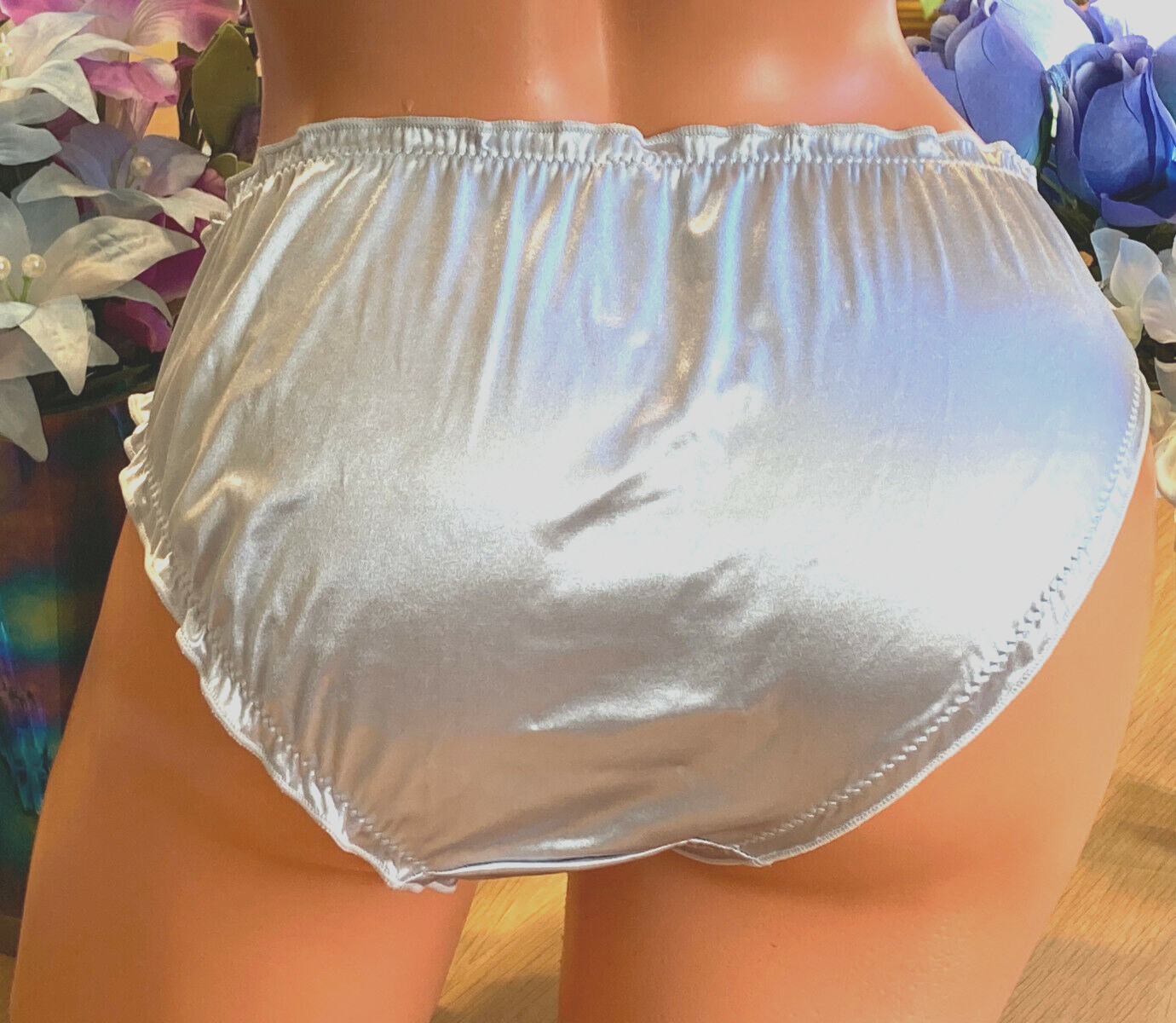Shiny Silver Med Velvety Soft Silky Second Skin SATIN Tanga Bikini Panties NWOT