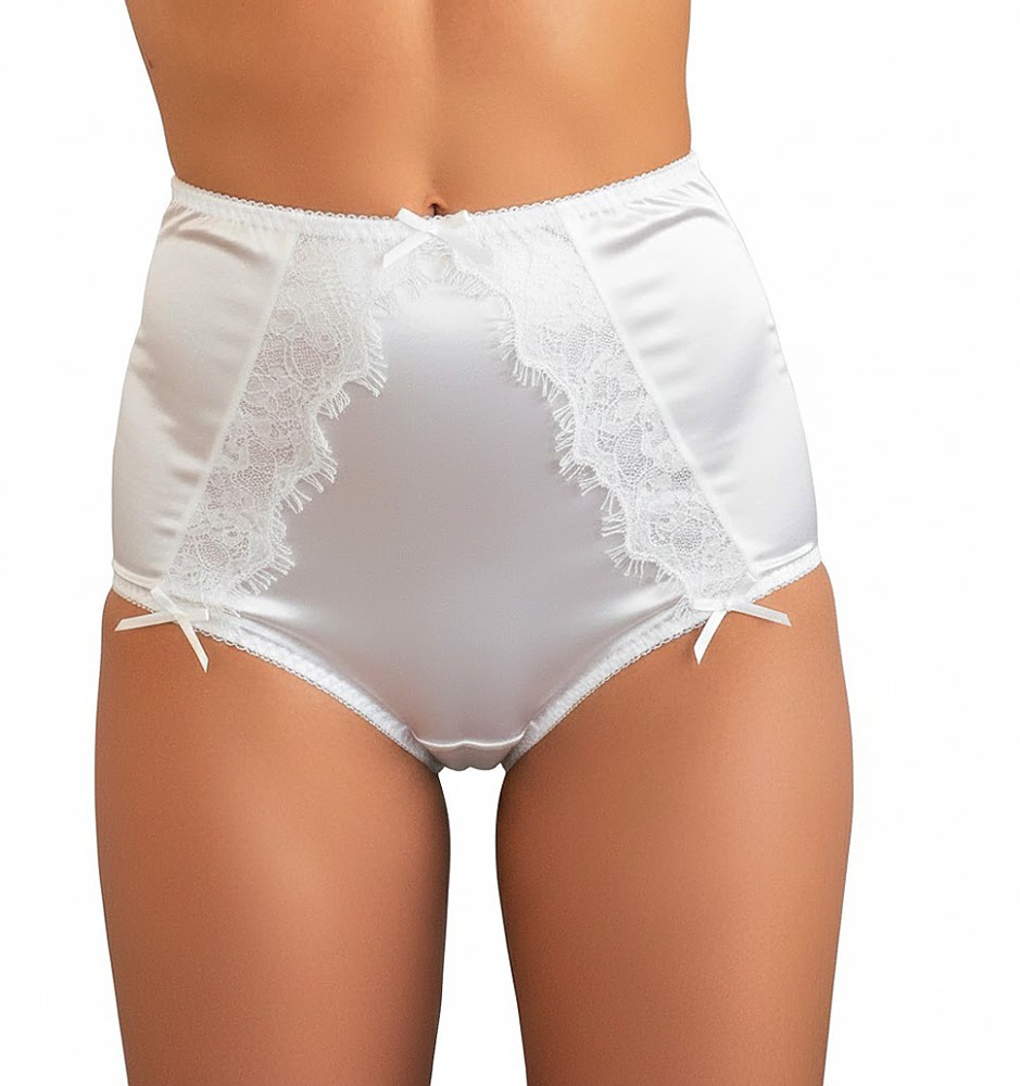 High Waist Vintage Style Knickers, Satin & Eyelash Lace – Pink, Black or White