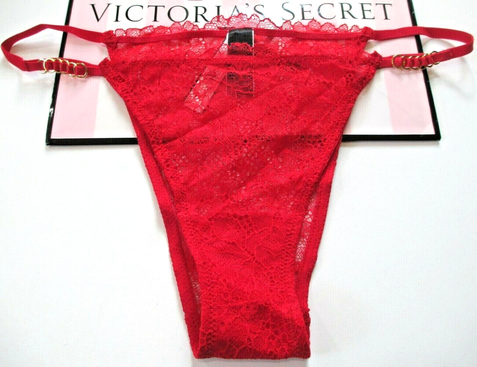 VICTORIA’S SECRET VERY SEXY Brazilian Panty VS Red Lace Hardware Strap L XL NWT