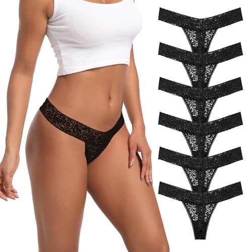 Pack 6 Seamless Lace Thongs for Women Plus Size 4X-Large 6 Pcs Black Thongs