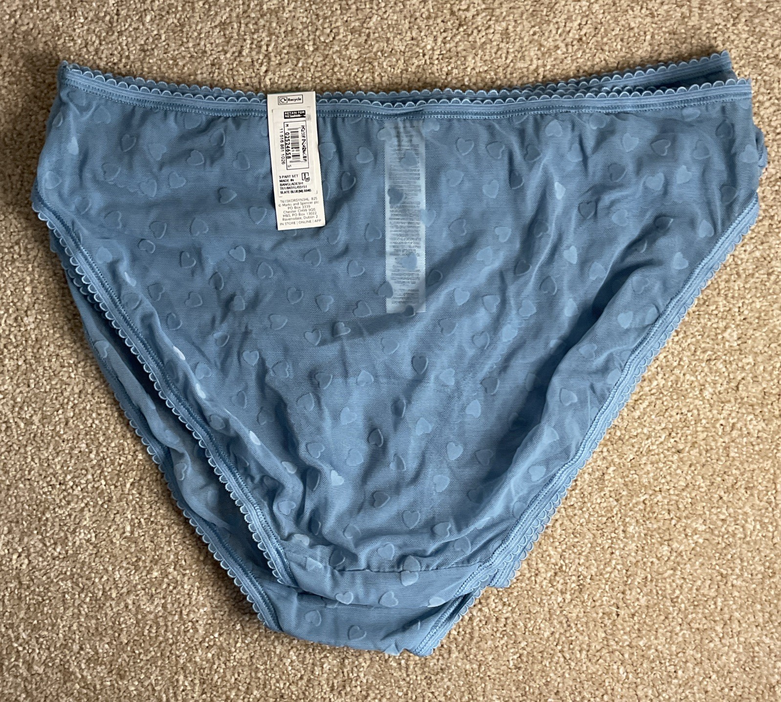 M&S 3 PACK Size Medium 12-14 Ladies High Legs Knickers Slate Blue M Mesh Hearts