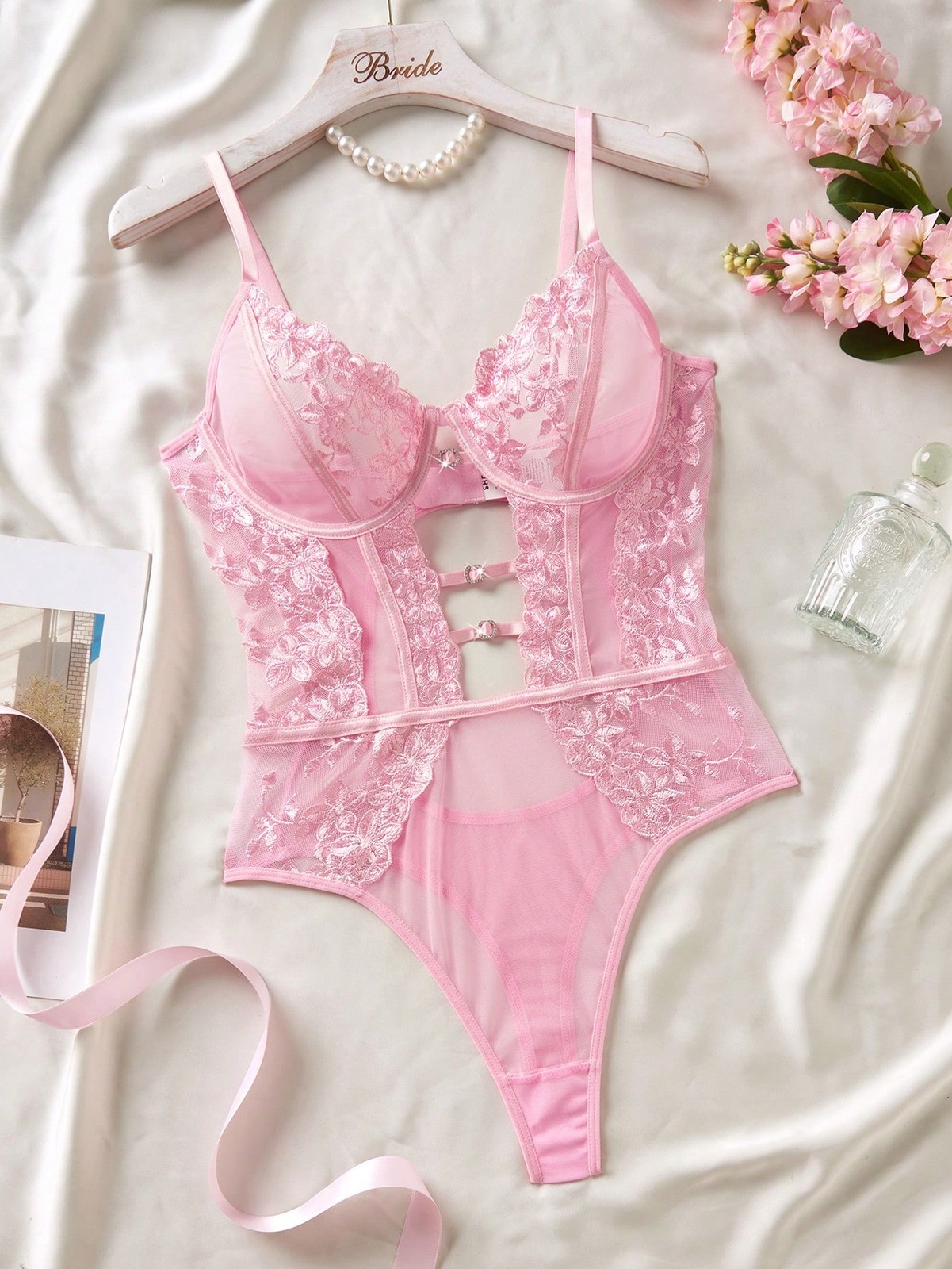 Sexy ladies lingerie jumpsuit with floral embroidery and mesh cheap 24