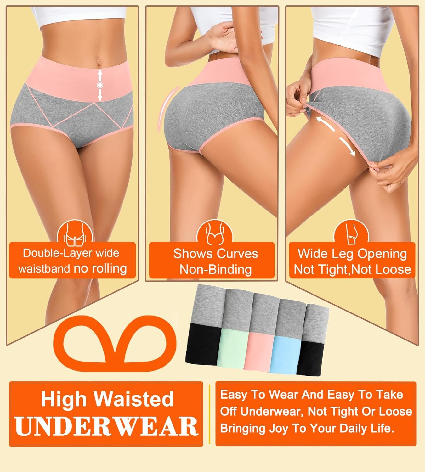 High Waisted Cotton Panties for Women Full Coverage Soft Double Layer Waistband