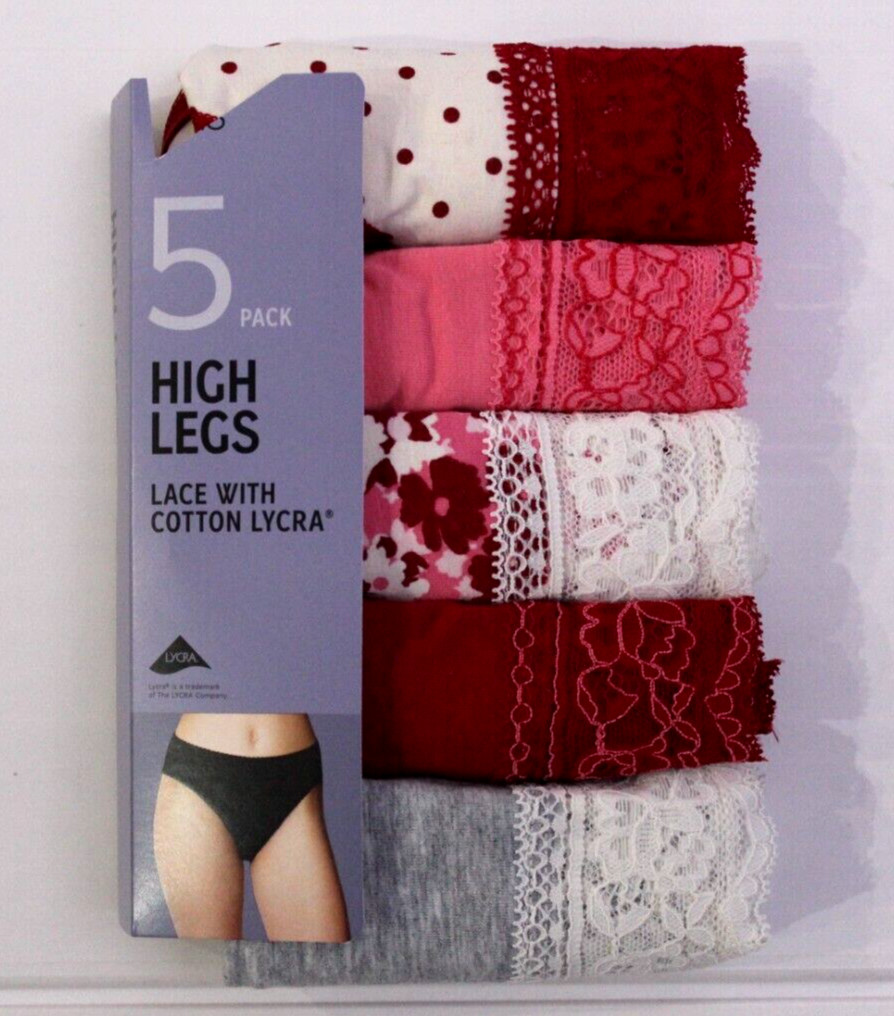 Ex M & S Ladies 5 Pack Cotton Rich Lycra Lace High Legs Briefs Knickers 8 to 20