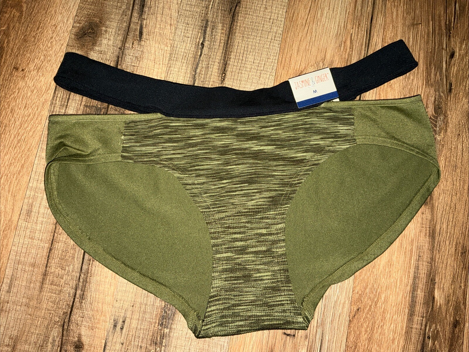 NWT JASMINE & GINGER SPLIT BAND BIKINI PANTIES Nylon S92UJ642 CAPULET OLIVE M/6
