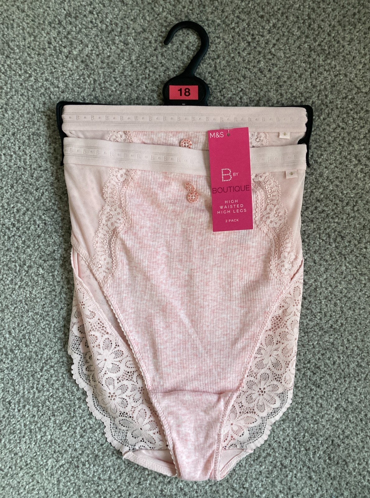 BNWT M&S B by Boutique Pink Cotton Blend Rib High Leg Knickers 2 Pack Size 18
