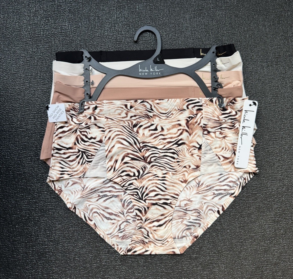 5 Pack Nicole Miller No-Show Hipster Hiphugger sz L Stretch Logo Panties Nylon