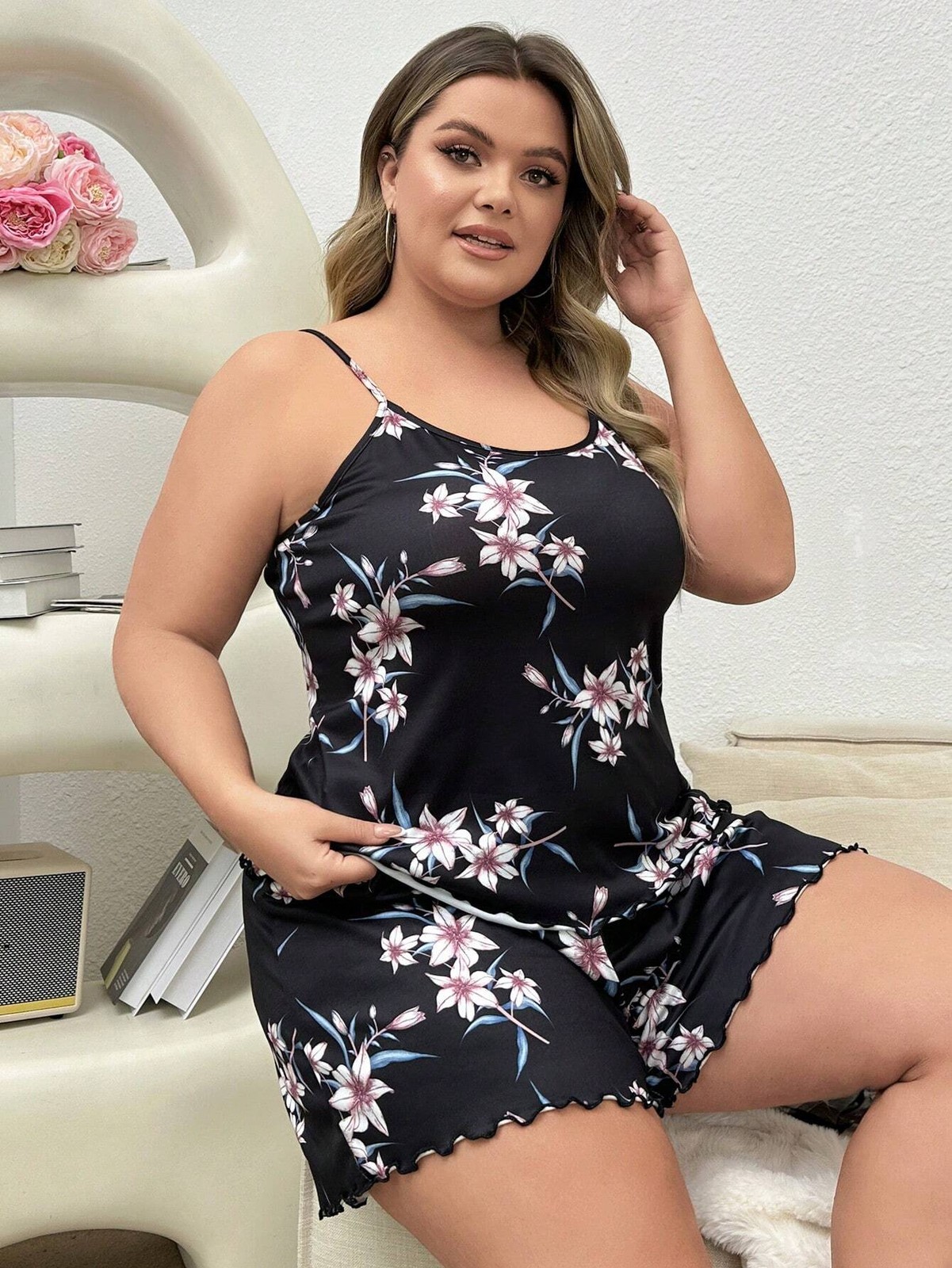 Plus Size Floral Cami Top & Shorts Pyjama Set For Curves Cheap24