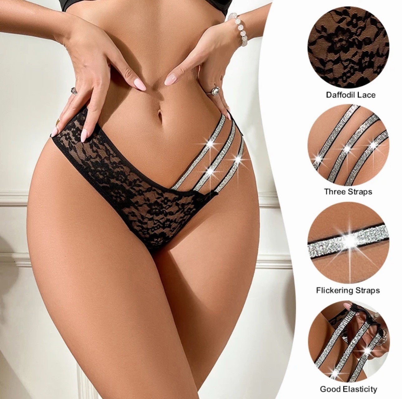 Women’s Lace Bikini Panties with Glitter Straps, Floral, Multi-Color, Size SMLXL