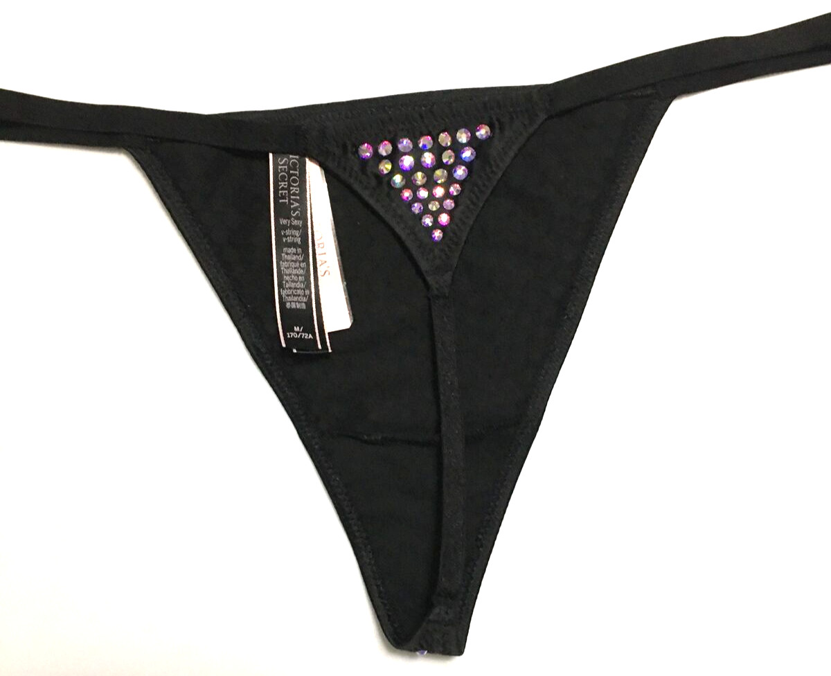 Victorias Secret Very Sexy Black Rhinestones V-String Thong Panty Size M Sparkly