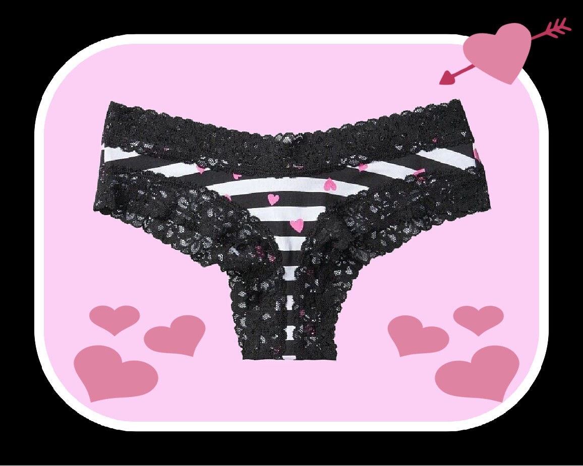 XL Black White Pink Heart Victoria’s Secret Cotton Lace-Waist & Leg Cheeky Panty