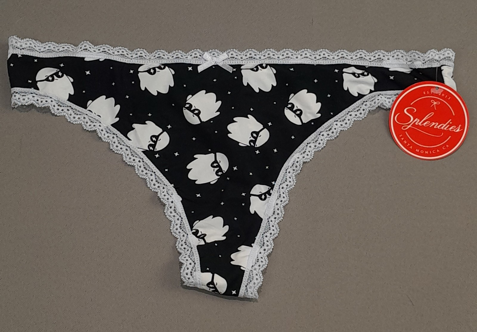Splendies Panty Womens XL Black Sunglass Ghost Cheeky Thong Lace Trim Panties