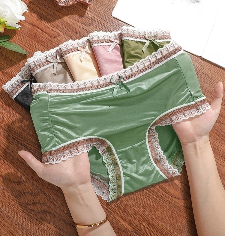 3 Pack Lace Satin Seamless Panties Mid Waist Bikini Antibacterial Cotton Crotch