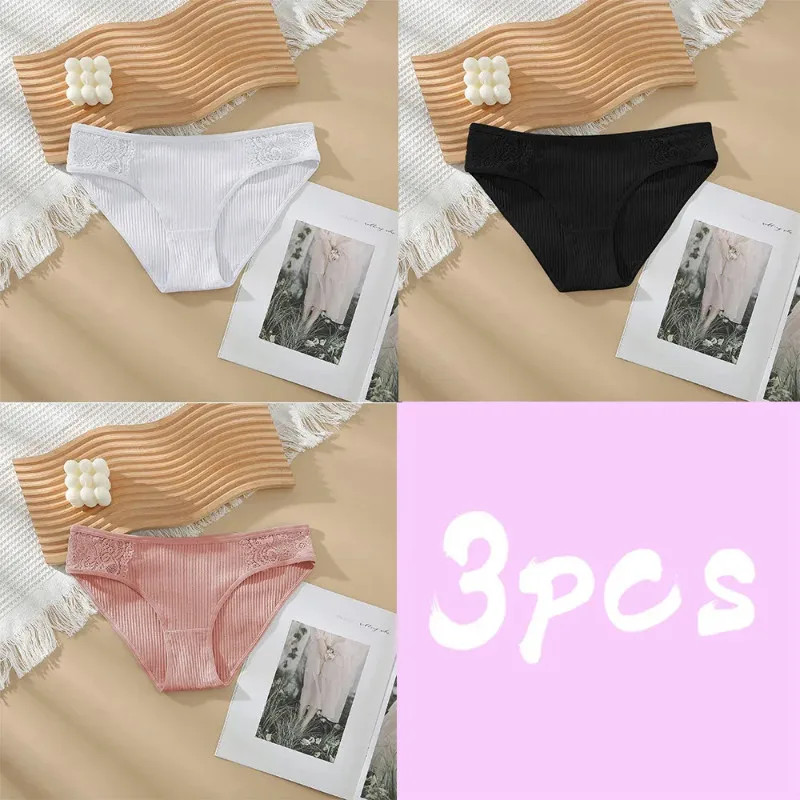 3pc Cotton Panties Women Solid Color Triangle Pants Soft Breathable Underwear