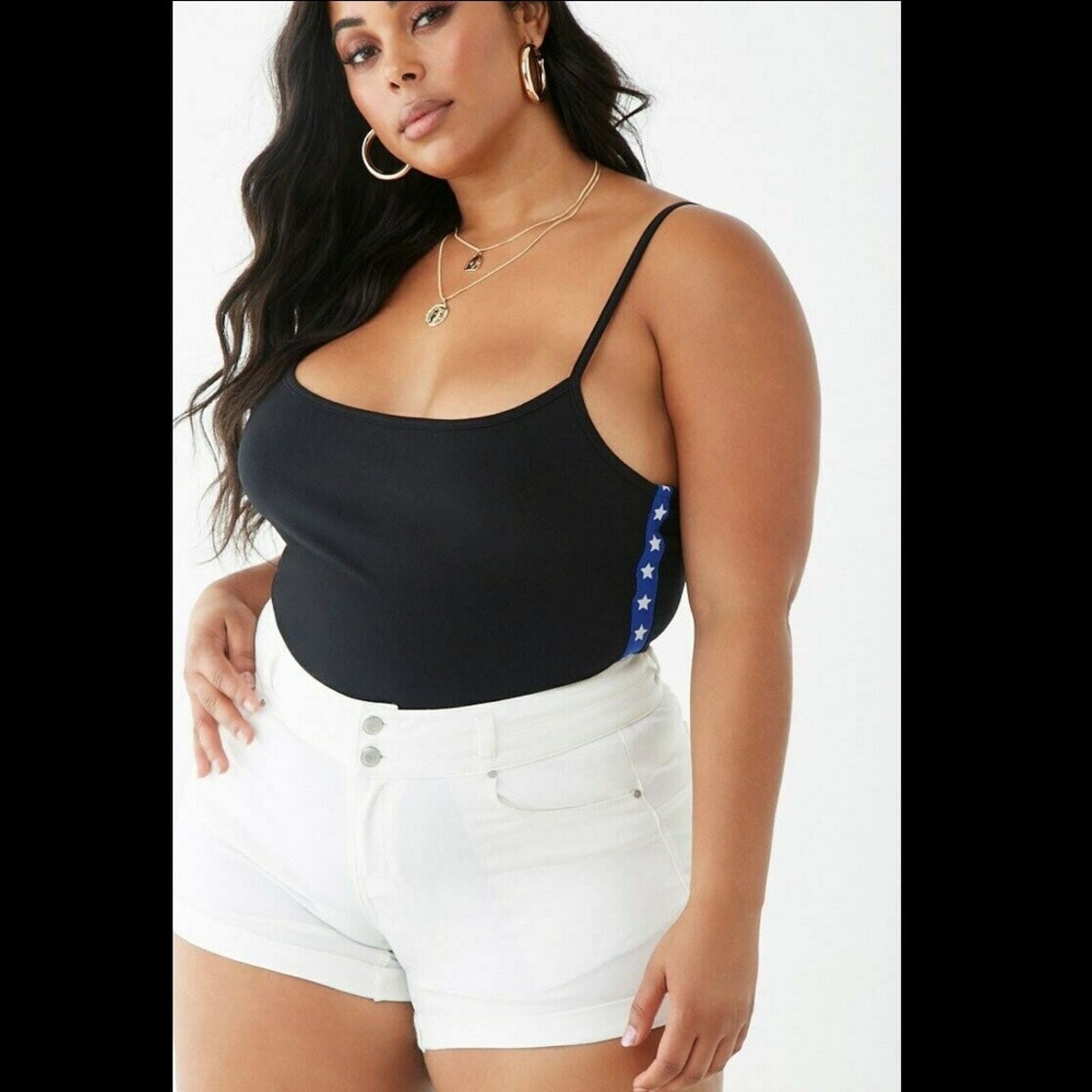 FOREVER 21 PLUS Black Body Suit Size 3X Red White Blue Stars Patriotic
