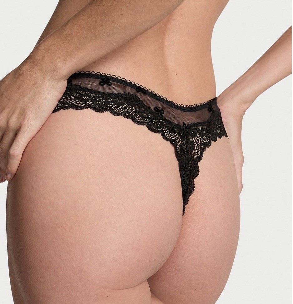 Victoria’s Secret Tease Mesh Velvet Bow Lace Thong Panty Women’s Sz L / Black